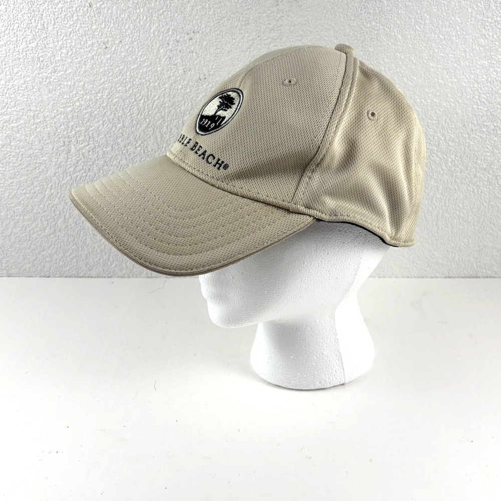 Pebble Beach Golf Hat‎ Mens S/M Tan A-Flex Mesh Stretch Fit Cap Flag Logo